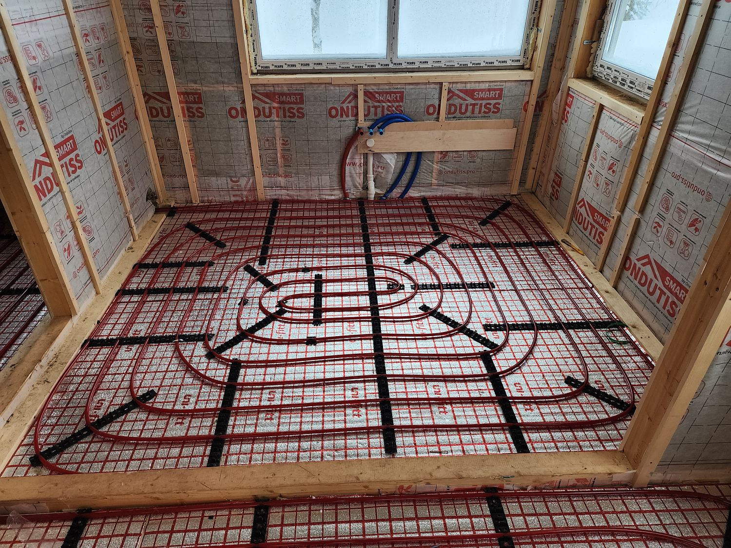 Монтаж тёплых полов, монтаж котельной в каркасном доме 120м2